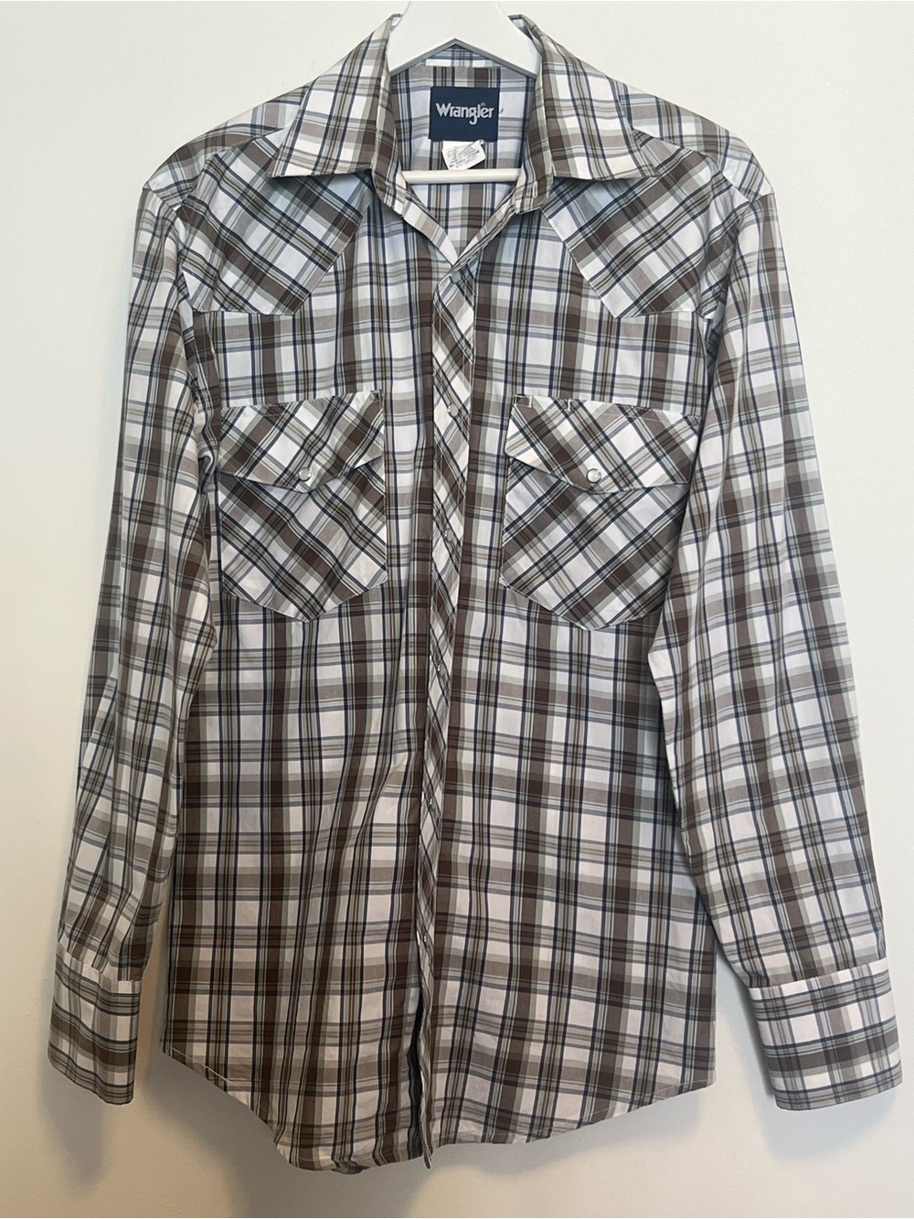 Wrangler White and Brown Plaid Western Button-Down Shirt | Pearl Snap